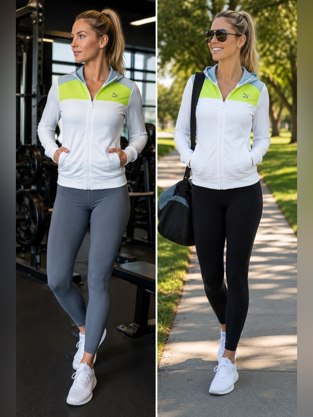 Puma Women’s Hooded Track Jacket White Blue Lime Green Full Zip Size Medium